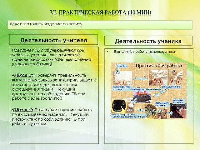 Цель: создание положительного эмоционального настроя на уроке посредством эпиграфа, вступительных слов и подготовка обучающихся к работе на уроке. Цель: изготовить изделие по эскизу Деятельность учителя Деятельность ученика Повторяет ТБ с обучающимися при работе с утюгом, электроплитой, горячей жидкостью (при выполнении узелкового батика)  Обход 3: Проверяет правильность выполнения завязывания, приглашает к электроплите, для выполнения окрашивания ткани. Текущий инструктаж по соблюдению ТБ при работе с электроплитой.  Обход 4: Показывает приемы работы по высушиванию изделия. Текущий инструктаж по соблюдению ТБ при работе с утюгом Выполняют работу используя план  