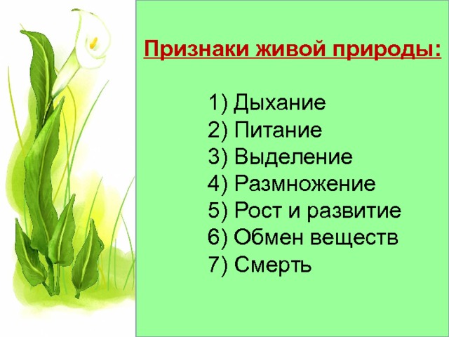 Признаки живой природы:      Дыхание  Питание  Выделение  Размножение  Рост и развитие  Обмен веществ  Смерть  Дыхание  Питание  Выделение  Размножение  Рост и развитие  Обмен веществ  Смерть  Дыхание  Питание  Выделение  Размножение  Рост и развитие  Обмен веществ  Смерть  Дыхание  Питание  Выделение  Размножение  Рост и развитие  Обмен веществ  Смерть 