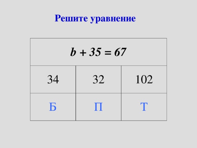 Решите уравнение b + 35 = 67 34 32 Б П 102 Т 