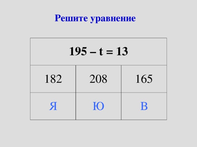 Решите уравнение 195 – t = 13 182 208 Я Ю 165 В 