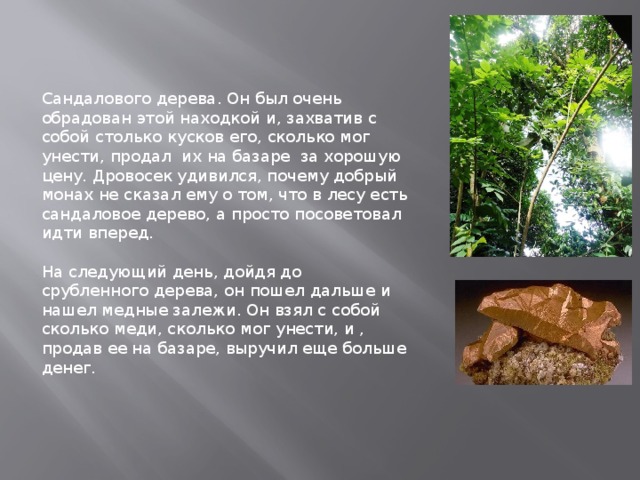 Сандалового дерева. Он был очень обрадован этой находкой и, захватив с собой столько кусков его, сколько мог унести, продал их на базаре за хорошую цену. Дровосек удивился, почему добрый монах не сказал ему о том, что в лесу есть сандаловое дерево, а просто посоветовал идти вперед. На следующий день, дойдя до срубленного дерева, он пошел дальше и нашел медные залежи. Он взял с собой сколько меди, сколько мог унести, и , продав ее на базаре, выручил еще больше денег. 