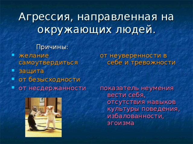 Агрессия, направленная на окружающих людей. Причины: желание самоутвердиться защита от безысходности от несдержанности  от неуверенности в себе и тревожности показатель неумения вести себя, отсутствия навыков культуры поведения, избалованности, эгоизма