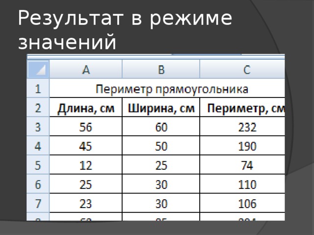 Результат в режиме значений 