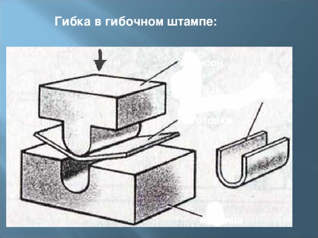 Гибка в гибочном штампе:  пуансон изделие заготовка матрица 