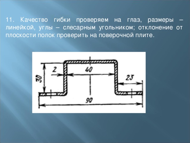 11. Качество гибки проверяем на глаз, размеры – линейкой, углы – слесарным угольником; отклонение от плоскости полок проверить на поверочной плите. 