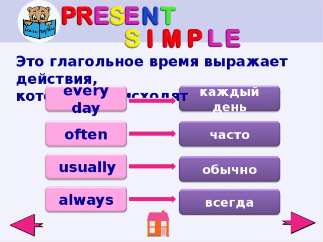 Это глагольное время выражает действия, которые происходят  каждый день every day often часто  usually обычно always всегда 2 