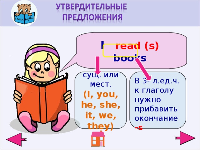 I   read (s) books сущ. или мест. (I, you, he, she, it, we, they) В 3- л . ед . ч. к глаголу нужно прибавить окончание –s 2 