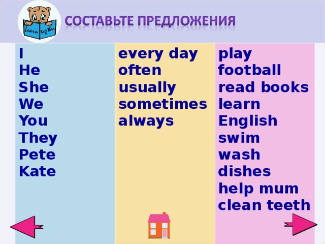 I He She We You They Pete Kate every day often usually sometimes always  play football read books learn English swim wash dishes help mum clean teeth        