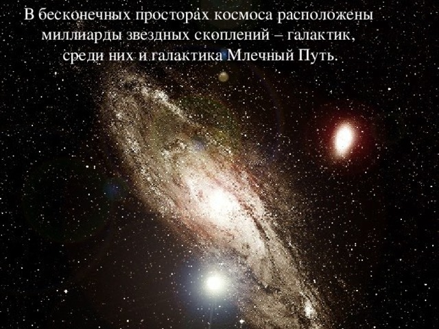 В бесконечных просторах космоса расположены миллиарды звездных скоплений – галактик, среди них и галактика Млечный Путь. 