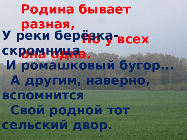 Родина бывает разная,  Но у всех она одна. У реки берёзка-скромница   И ромашковый бугор...   А другим, наверно, вспомнится   Свой родной тот сельский двор.  