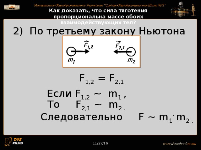 11/27/16 Как доказать, что сила тяготения пропорциональна массе обоих взаимодействующих тел? 2) По третьему закону Ньютона F 1,2 = F 2,1 Если F 1,2 ~ m 1 , То F 2,1 ~ m 2 . Следовательно F ~ m 1 · m 2 . 11/27/16