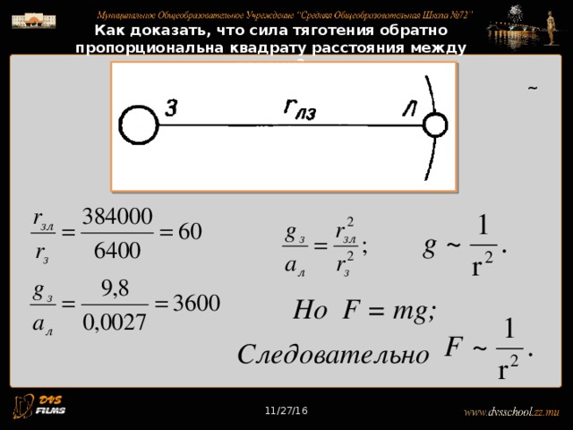 11/27/16 Как доказать, что сила тяготения обратно пропорциональна квадрату расстояния между телами? ~ Но F = mg; Следовательно 11/27/16