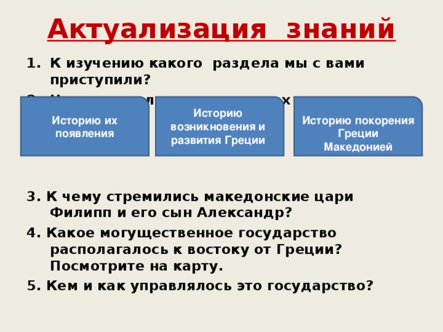 Актуализация знаний К изучению какого раздела мы с вами приступили? Что вы узнали о государствах и народах Балкан?    3. К чему стремились македонские цари Филипп и его сын Александр? 4. Какое могущественное государство располагалось к востоку от Греции? Посмотрите на карту. 5. Кем и как управлялось это государство? Историю возникновения и развития Греции Историю их появления Историю покорения Греции Македонией