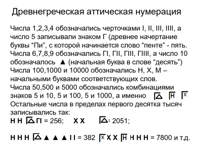 Древнегреческая аттическая нумерация Числа 1,2,3,4 обозначались черточками I, II, III, IIII, а число 5 записывали знаком Г (древнее начертание буквы “Пи”, с которой начинается слово “пенте” - пять. Числа 6,7,8,9 обозначались ГI, ГII, ГIII, ГIIII, а число 10 обозначалось ▲ (начальная буква в слове “десять”) Числа 100,1000 и 10000 обозначались Н, Х, М – начальными буквами соответствующих слов. Числа 50,500 и 5000 обозначались комбинациями знаков 5 и 10, 5 и 100, 5 и 1000, а именно Остальные числа в пределах первого десятка тысяч записывались так: H H ГI = 256;  X X I = 2051; H H H ▲ ▲ ▲ I I = 382;   X X H H H = 7800 и т.д. 