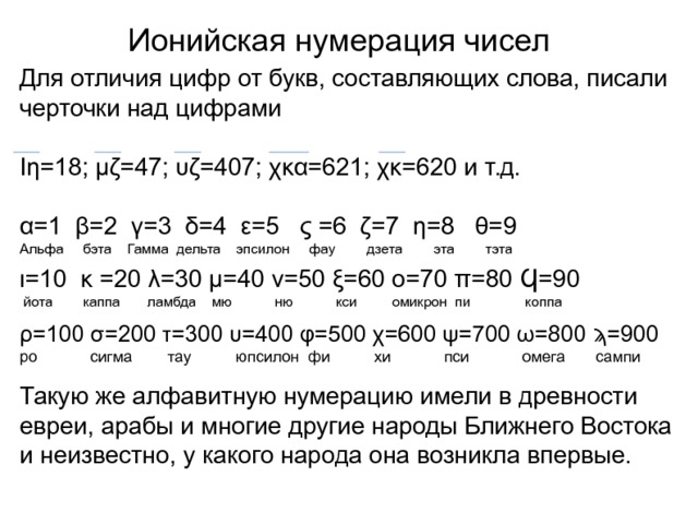 Ионийская нумерация чисел Для отличия цифр от букв, составляющих слова, писали черточки над цифрами Ιη=18; μζ=47; υζ=407; χκα=621; χκ=620 и т.д. α=1 β=2 γ=3 δ=4 ε=5 ς =6 ζ=7 η=8 θ=9 Альфа  бэта Гамма дельта эпсилон фау дзета эта тэта ι=10 κ =20 λ=30 μ=40 ν=50 ξ=60 ο=70 π=80 Ϥ=90  йота  каппа ламбда мю ню кси омикрон пи коппа ρ=100 σ=200 τ=300 υ=400 φ=500 χ=600 ψ=700 ω=800 ϡ=900 ро сигма тау юпсилон фи хи пси омега сампи Такую же алфавитную нумерацию имели в древности евреи, арабы и многие другие народы Ближнего Востока и неизвестно, у какого народа она возникла впервые. 