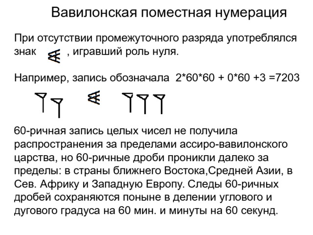 Вавилонская поместная нумерация При отсутствии промежуточного разряда употреблялся знак , игравший роль нуля. Например, запись обозначала 2*60*60 + 0*60 +3 =7203 60-ричная запись целых чисел не получила распространения за пределами ассиро-вавилонского царства, но 60-ричные дроби проникли далеко за пределы: в страны ближнего Востока,Средней Азии, в Сев. Африку и Западную Европу. Следы 60-ричных дробей сохраняются поныне в делении углового и дугового градуса на 60 мин. и минуты на 60 секунд. 