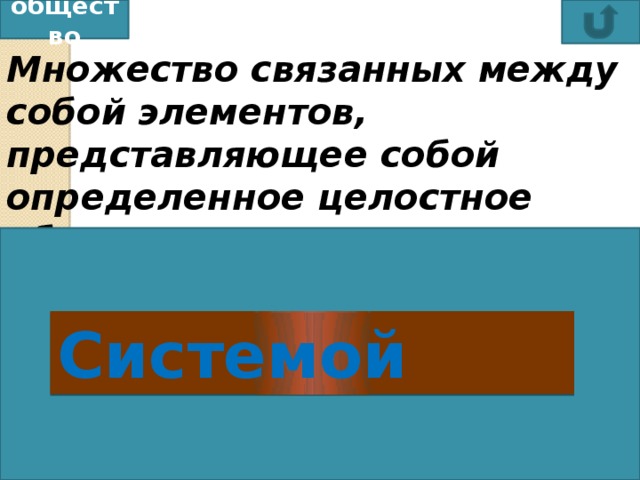 общество Множество связанных между собой элементов, представляющее собой определенное целостное образование, называется  Системой