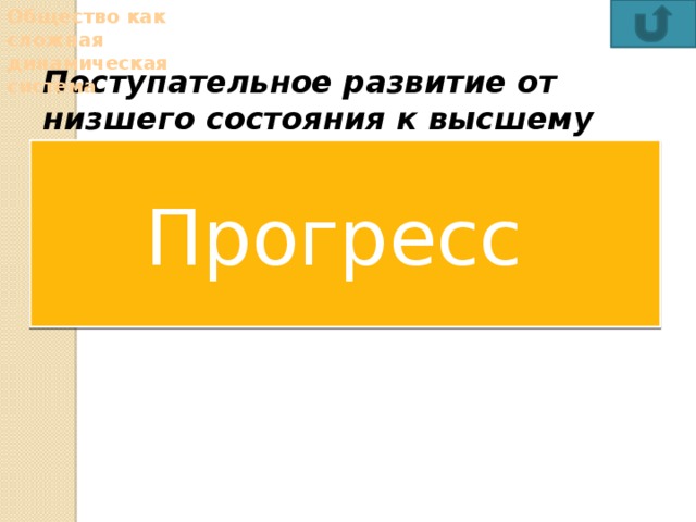 Общество как сложная динамическая система Поступательное развитие от низшего состояния к высшему революция   парадигма регресс   прогресс Прогресс