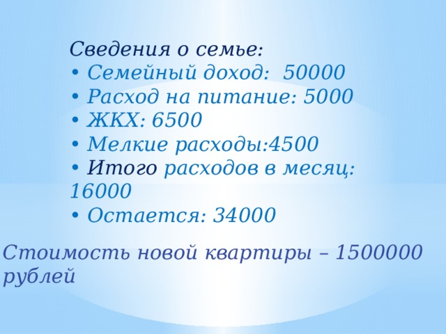 Сведения о семье: • Семейный доход: 50000 • Расход на питание: 5000 • ЖКХ: 6500 • Мелкие расходы:4500 • Итого расходов в месяц: 16000 • Остается: 34000 Стоимость новой квартиры – 1500000 рублей