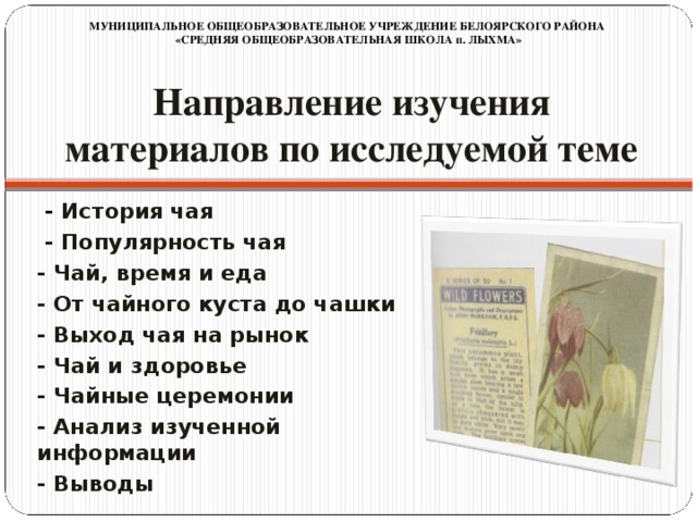 МУНИЦИПАЛЬНОЕ ОБЩЕОБРАЗОВАТЕЛЬНОЕ УЧРЕЖДЕНИЕ БЕЛОЯРСКОГО РАЙОНА «СРЕДНЯЯ ОБЩЕОБРАЗОВАТЕЛЬНАЯ ШКОЛА п. ЛЫХМА» Направление изучения материалов по исследуемой теме  - История чая  - Популярность чая - Чай, время и еда - От чайного куста до чашки - Выход чая на рынок - Чай и здоровье - Чайные церемонии - Анализ изученной информации - Выводы