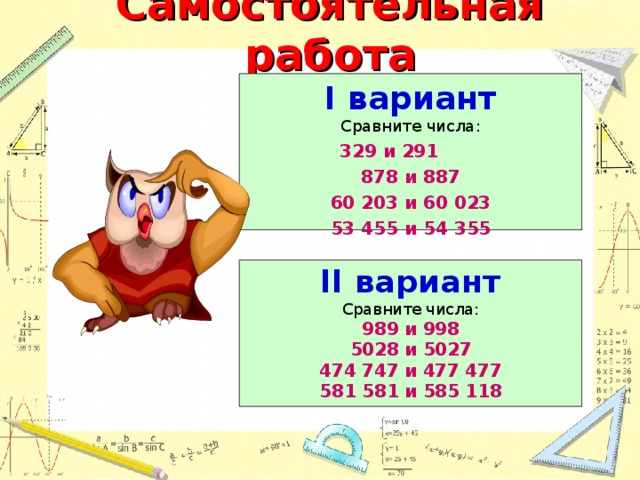 Самостоятельная работа I вариант Сравните числа: 329 и 291 878 и 887 60 203 и 60 023 53 455 и 54 355 II вариант Сравните числа: 989 и 998 5028 и 5027 474 747 и 477 477 581 581 и 585 118 