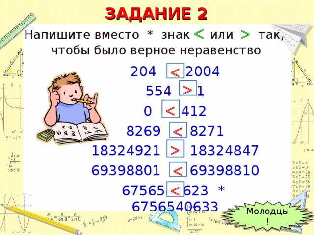 ЗАДАНИЕ 2 Напишите вместо * знак   или  так,  чтобы было верное неравенство 204 * 2004 554 * 1 0 * 412 8269 * 8271 18324921 * 18324847 69398801 * 69398810 6756540623 * 6756540633        Молодцы!  