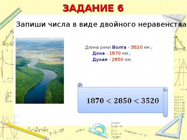 ЗАДАНИЕ 6 Запиши числа в виде двойного неравенства Длина реки Волга - 3520  км.;  Дона - 1870 км.;  Дуная - 2850  км. 