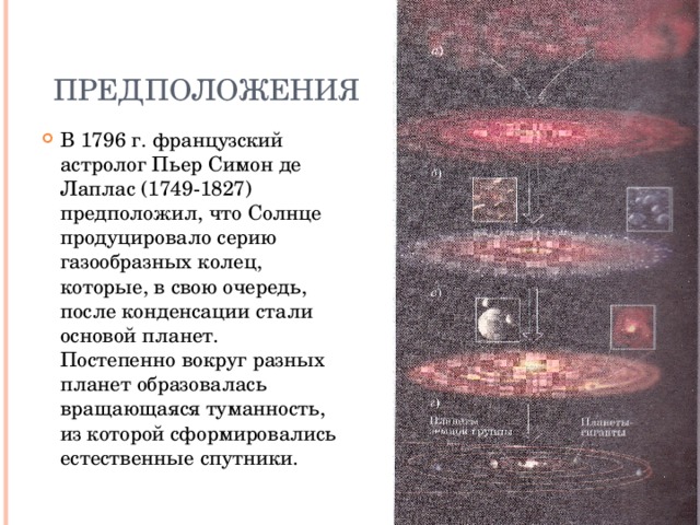 Предположения В 1796 г. французский астролог Пьер Симон де Лаплас (1749-1827) предположил, что Солнце продуцировало серию газообразных колец, которые, в свою очередь, после конденсации стали основой планет. Постепенно вокруг разных планет образовалась вращающаяся туманность, из которой сформировались естественные спутники.