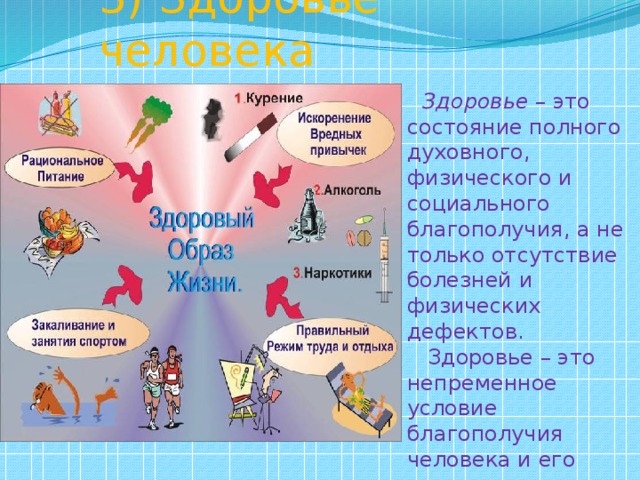 3) Здоровье человека   Здоровье – это состояние полного духовного, физического и социального благополучия, а не только отсутствие болезней и физических дефектов.  Здоровье – это непременное условие благополучия человека и его счастья. 