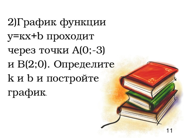 2) График функции у=кх+ b проходит через точки А(0;-3) и В(2;0). Определите k и b и постройте график . 10 