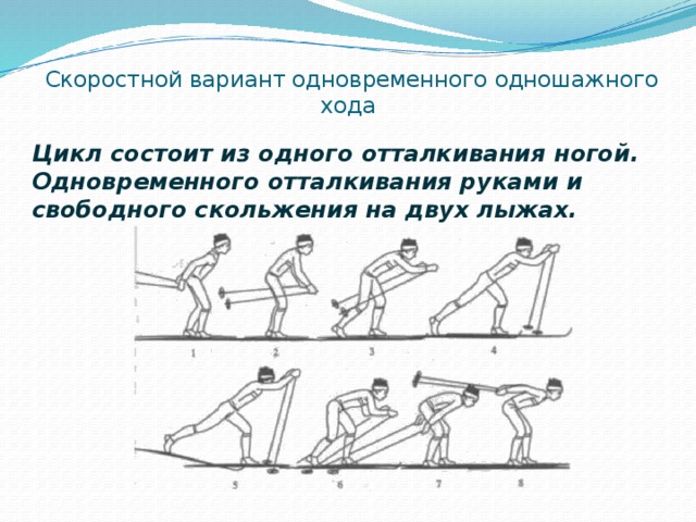  Скоростной вариант одновременного одношажного хода  Цикл состоит из одного отталкивания ногой. Одновременного отталкивания руками и свободного скольжения на двух лыжах. 