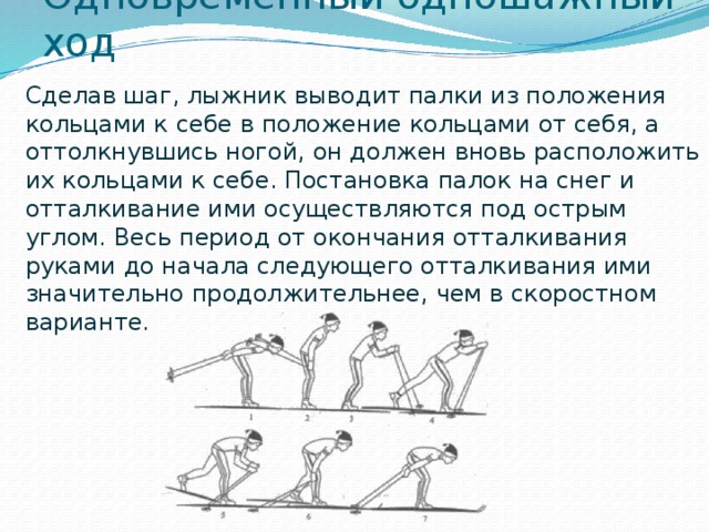 Одновременный одношажный ход  Сделав шаг, лыжник выводит палки из положения кольцами к себе в положение кольцами от себя, а оттолкнувшись ногой, он должен вновь расположить их кольцами к себе. Постановка палок на снег и отталкивание ими осуществляются под острым углом. Весь период от окончания отталкивания руками до начала следующего отталкивания ими значительно продолжительнее, чем в скоростном варианте. 