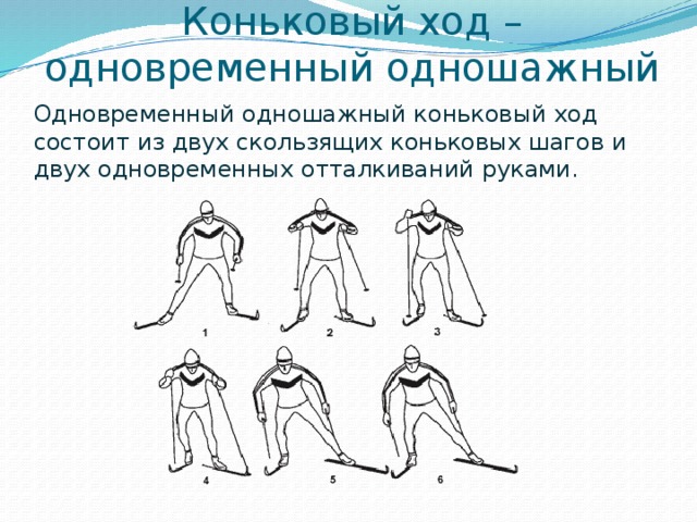 Коньковый ход – одновременный одношажный Одновременный одношажный коньковый ход состоит из двух скользящих коньковых шагов и двух одновременных отталкиваний руками. 