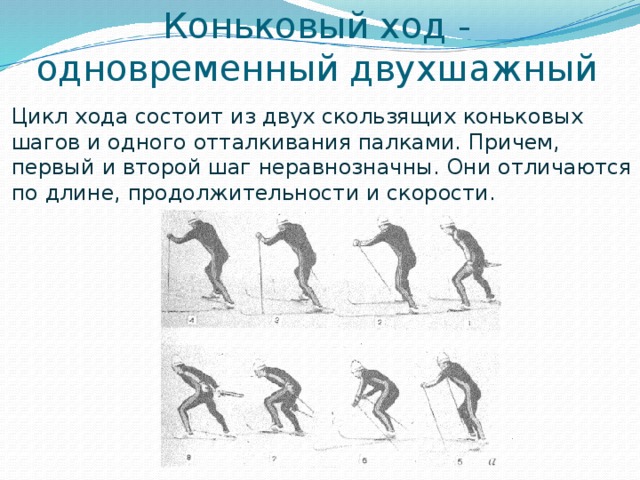 Коньковый ход - одновременный двухшажный Цикл хода состоит из двух скользящих коньковых шагов и одного отталкивания палками. Причем, первый и второй шаг неравнозначны. Они отличаются по длине, продолжительности и скорости. 