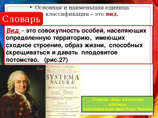 Основная и наименьшая единица классификации – это вид. Словарь Вид  – это совокупность особей, населяющих определенную территорию, имеющих сходное строение, образ жизни, способных скрещиваться и давать плодовитое потомство. (рис.27) Понятие «вид» в качестве единицы классификации ввел Карл Линней 