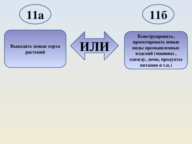 11а 11б Выводить новые сорта растений ИЛИ Конструировать, проектировать новые виды промышленных изделий (машины , одежду, дома, продукты питания и т.п.) 