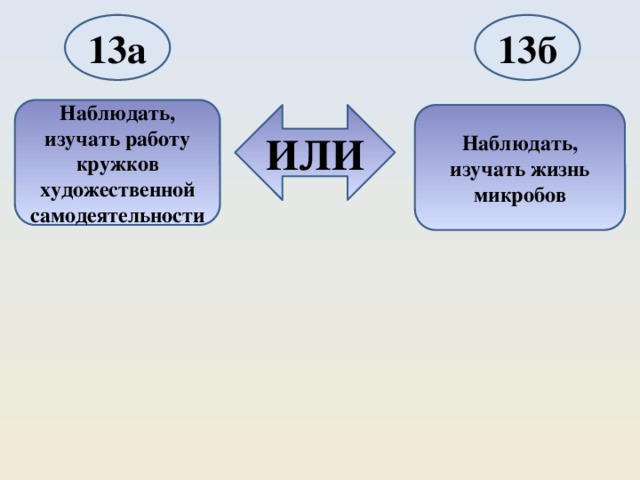 13а 13б Наблюдать, изучать работу кружков художественной самодеятельности ИЛИ Наблюдать, изучать жизнь микробов 