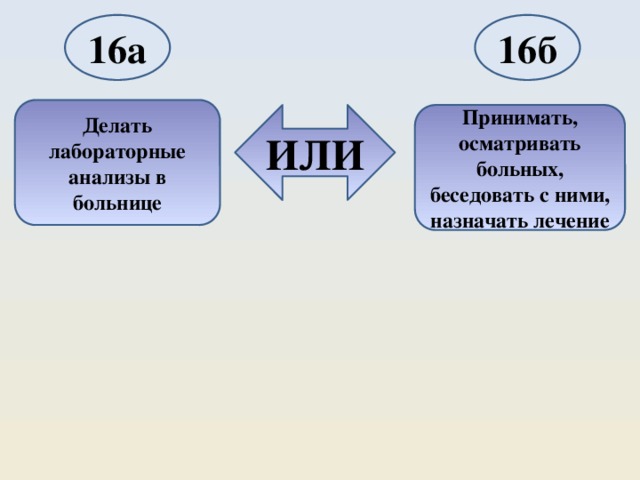 16а 16б Делать лабораторные анализы в больнице ИЛИ Принимать, осматривать больных, беседовать с ними, назначать лечение 