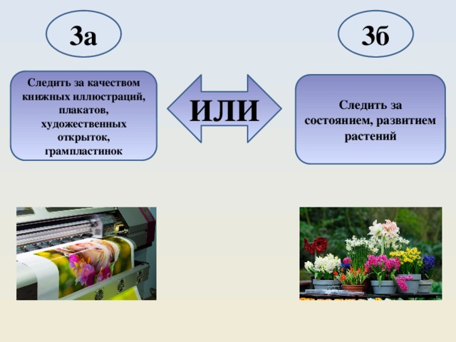 3а 3б Следить за качеством книжных иллюстраций, плакатов, художественных открыток, грампластинок ИЛИ Следить за состоянием, развитием растений 