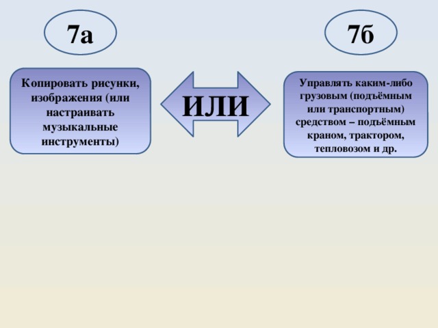 7а 7б Копировать рисунки, изображения (или настраивать музыкальные инструменты) ИЛИ Управлять каким-либо грузовым (подъёмным или транспортным) средством – подъёмным краном, трактором, тепловозом и др. 