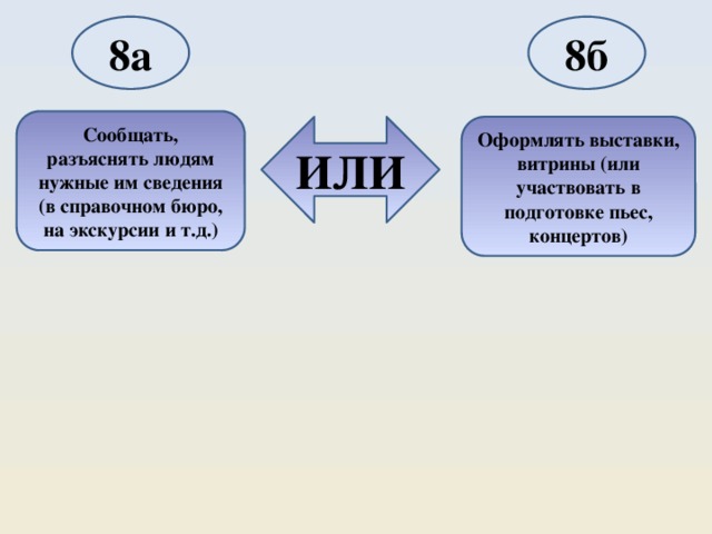 8а 8б Сообщать, разъяснять людям нужные им сведения (в справочном бюро, на экскурсии и т.д.) ИЛИ Оформлять выставки, витрины (или участвовать в подготовке пьес, концертов) 