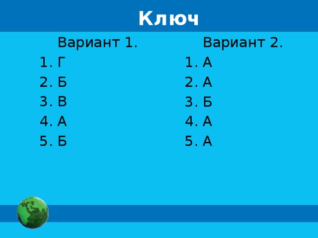 Ключ Вариант 1. 1. Г 2. Б 3. В 4. А 5. Б Вариант 2. 1. А 2. А 3. Б 4. А 5. А