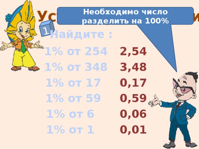 1 Устные упражнения Необходимо число разделить на 100% Найдите : 1% от 254 2,54 1% от 348 3,48 0,17 1% от 17 1% от 59 0,59 На слайде отстроен триггер. Чтобы увидеть правильный ответ – нажмите на пример. Чтобы увидеть подсказку – нажмите на «Знайку» 1% от 6 0,06 1% от 1 0,01  