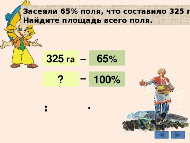 Засеяли 65% поля, что составило 325 га. Найдите площадь всего поля. _ 65 % 65 % 325 га 325 га _ 100% ? 500 га 100% : · 