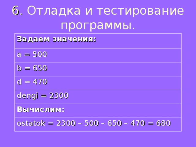6 . Отладка и тестирование программы. Задаем значения: a = 500 b = 650 d = 470 dengi = 2300 Вычислим: ostatok = 2300 – 500 – 650 – 470 = 680