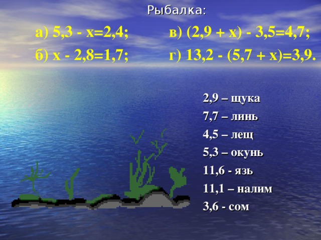 Рыбалка: а) 5,3 - х=2,4; в) (2,9 + х) - 3,5=4,7; б) х - 2,8=1,7; г) 13,2 - (5,7 + х)=3,9.  2,9 – щука  7,7 – линь  4,5 – лещ  5,3 – окунь  11,6 - язь  11,1 – налим  3,6 - сом  