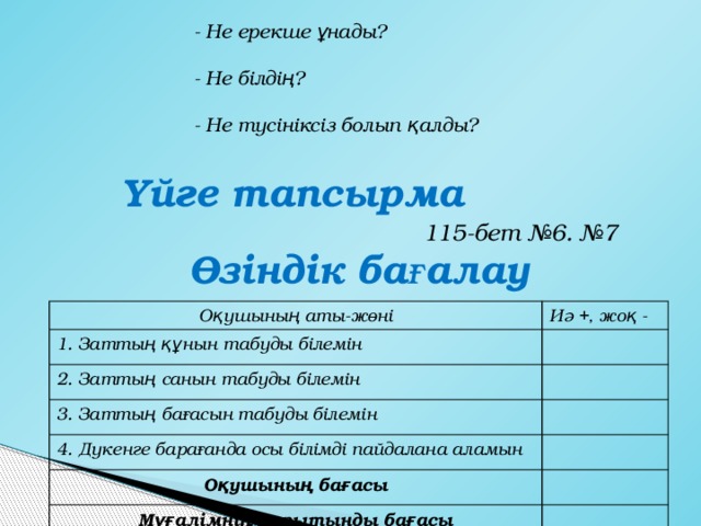 - Не ерекше ұнады? - Не білдің? - Не түсініксіз болып қалды? Үйге тапсырма 115-бет №6. №7 Өзіндік бағалау Оқушының аты-жөні 1. Заттың құнын табуды білемін Иә +, жоқ - 2. Заттың санын табуды білемін 3. Заттың бағасын табуды білемін 4. Дүкенге барағанда осы білімді пайдалана аламын Оқушының бағасы Мұғалімнің қорытынды бағасы 