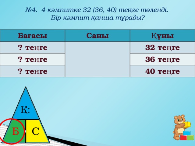 № 4. 4 кәмпитке 32 (36, 40) теңге төленді.  Бір кәмпит қанша тұрады? Бағасы Саны ? теңге Құны ? теңге 32 теңге ? теңге 36 теңге 40 теңге Қ: ⋅ Б С 