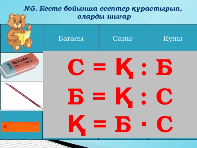 № 5. Кесте бойынша есептер құрастырып,  оларды шығар Бағасы Саны 5 теңге ? теңге Құны ? 30 теңге 6 48 теңге С = Қ : Б Б = Қ : С Қ = Б ⋅ С 9 теңге 3 ? теңге 