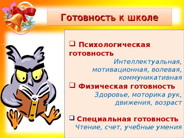 Готовность  к школе   Психологическая готовность Интеллектуальная, мотивационная, волевая, коммуникативная  Физическая готовность  Здоровье, моторика рук, движения, возраст   Специальная готовность Чтение, счет, учебные умения  